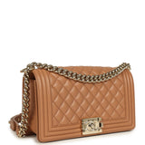 Pre-owned Chanel Medium Boy Bag Caramel Shiny Caviar Light Gold Hardware