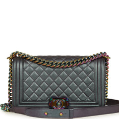 Pre-owned Chanel Old Medium Boy Bag Iridescent Purple Goatskin Rainbow Hardware