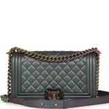 Pre-owned Chanel Old Medium Boy Bag Iridescent Purple Goatskin Rainbow Hardware