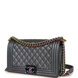Pre-owned Chanel Old Medium Boy Bag Iridescent Purple Goatskin Rainbow Hardware