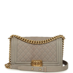 Pre-owned Chanel Medium Boy Bag Taupe Caviar Antique Gold Hardware