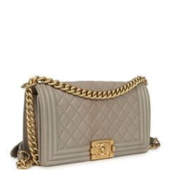 Pre-owned Chanel Medium Boy Bag Taupe Caviar Antique Gold Hardware