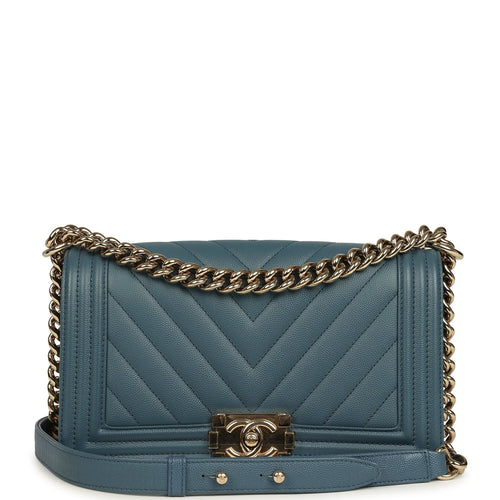 Pre-owned Chanel Medium Chevron Boy Bag Blue Caviar Light Gold Hardware