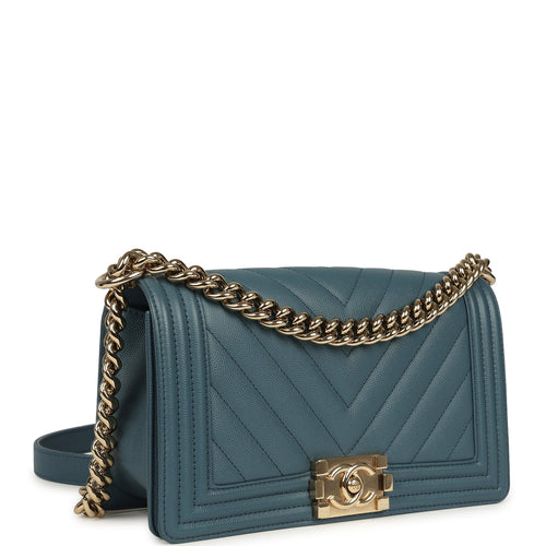 Pre-owned Chanel Medium Chevron Boy Bag Blue Caviar Light Gold Hardware