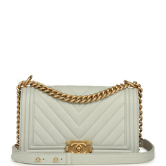 Pre-owned Chanel Medium Chevron Boy Bag Light Blue Caviar Antique Gold Hardware