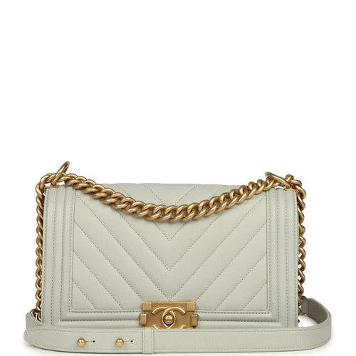 Pre-owned Chanel Medium Chevron Boy Bag Light Blue Caviar Antique Gold Hardware