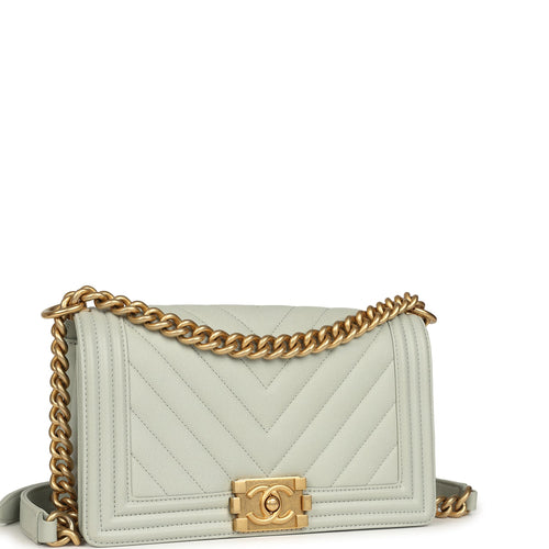 Pre-owned Chanel Medium Chevron Boy Bag Light Blue Caviar Antique Gold Hardware