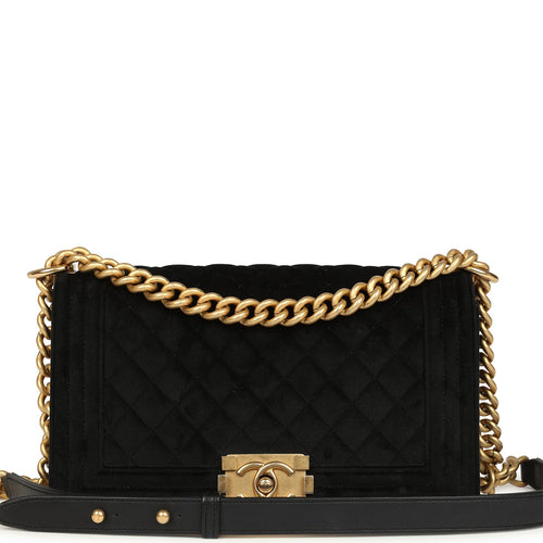 Pre-owned Chanel Medium Boy Bag Black Velvet Antique Gold Hardware