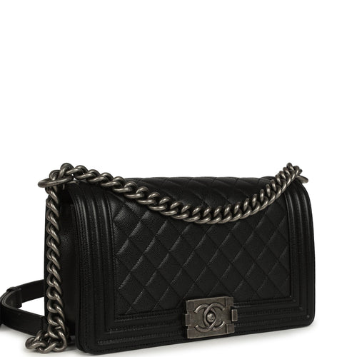 Pre-owned Chanel Medium Boy Bag Black Caviar Aged Ruthenium Hardware