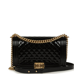 Chanel Medium Boy Bag Black Patent Antique Gold Hardware