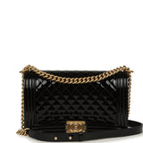 Chanel Medium Boy Bag Black Patent Antique Gold Hardware