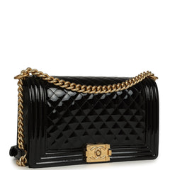 Chanel Medium Boy Bag Black Patent Antique Gold Hardware