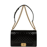 Chanel Medium Boy Bag Black Patent Antique Gold Hardware