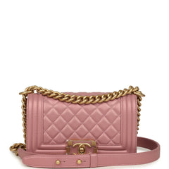Chanel Small Boy Bag Pink Iridescent Lambskin Antique Gold Hardware