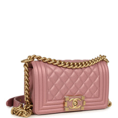 Chanel Small Boy Bag Pink Iridescent Lambskin Antique Gold Hardware