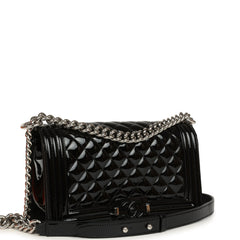 Pre-owned Chanel Medium Boy Bag Black Patent Silver Hardware
