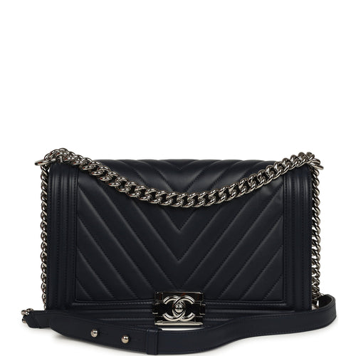 Pre-owned Chanel New Medium Chevron Boy Bag Navy Blue Calfskin Silver Hardware