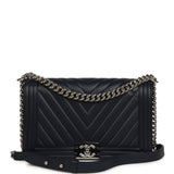 Pre-owned Chanel New Medium Chevron Boy Bag Navy Blue Calfskin Silver Hardware - Thumbnail View 1