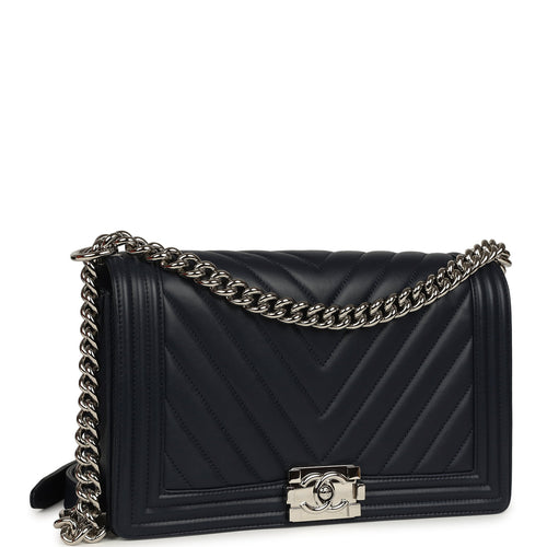 Pre-owned Chanel New Medium Chevron Boy Bag Navy Blue Calfskin Silver Hardware