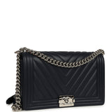 Pre-owned Chanel New Medium Chevron Boy Bag Navy Blue Calfskin Silver Hardware - Thumbnail View 2