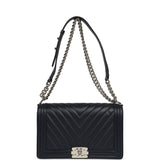 Pre-owned Chanel New Medium Chevron Boy Bag Navy Blue Calfskin Silver Hardware - Thumbnail View 7