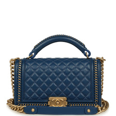 Pre-owned Chanel Medium Top Handle Braided Boy Bag Blue Lambskin Antique Gold Hardware