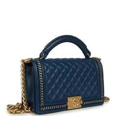 Pre-owned Chanel Medium Top Handle Braided Boy Bag Blue Lambskin Antique Gold Hardware