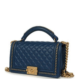 Pre-owned Chanel Medium Top Handle Braided Boy Bag Blue Lambskin Antique Gold Hardware - Thumbnail View 5