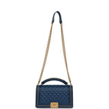 Pre-owned Chanel Medium Top Handle Braided Boy Bag Blue Lambskin Antique Gold Hardware - Thumbnail View 7