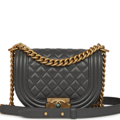 Chanel Small Boy Messenger Bag Dark Grey Shiny Caviar Antique Gold Hardware