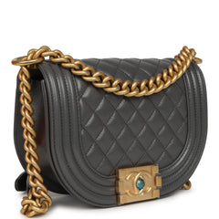 Chanel Small Boy Messenger Bag Dark Grey Shiny Caviar Antique Gold Hardware