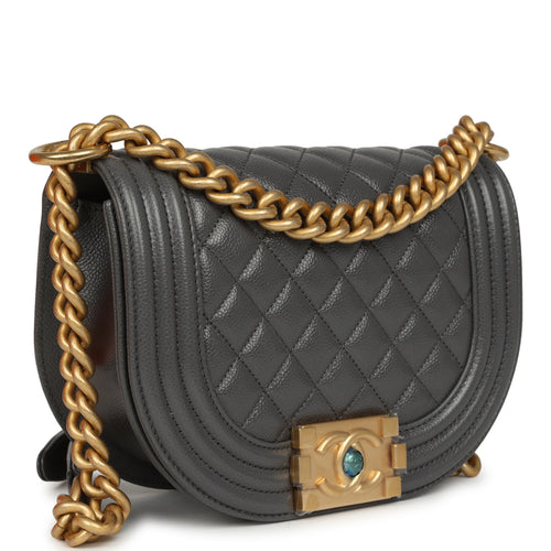 Chanel Small Boy Messenger Bag Dark Grey Shiny Caviar Antique Gold Hardware