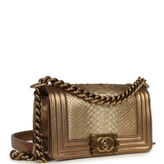 Pre-owned Chanel Small Boy Bag Metallic Gold Python Antique Gold Hardware