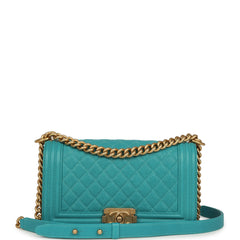 Pre-owned Chanel Medium Boy Bag Turquoise Shiny Caviar Antique Gold Hardware
