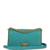 Pre-owned Chanel Medium Boy Bag Turquoise Shiny Caviar Antique Gold Hardware - Thumbnail View 1