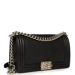 Pre-owned Chanel Boy Bag Black Python, Calfskin Matte Silver Hardware