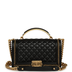 Chanel Medium Top Handle Braided Boy Bag Black Shiny Lambskin Antique Gold Hardware