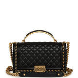 Chanel Medium Top Handle Braided Boy Bag Black Shiny Lambskin Antique Gold Hardware - Thumbnail View 1