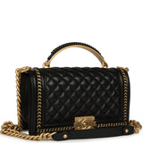 Chanel Medium Top Handle Braided Boy Bag Black Shiny Lambskin Antique Gold Hardware - Thumbnail View 2
