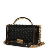 Chanel Medium Top Handle Braided Boy Bag Black Shiny Lambskin Antique Gold Hardware - Thumbnail View 5