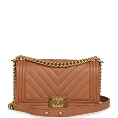 Pre-owned Chanel Medium Chevron Boy Bag Brown Caviar Antique Gold Hardware