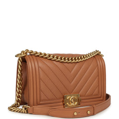 Pre-owned Chanel Medium Chevron Boy Bag Brown Caviar Antique Gold Hardware