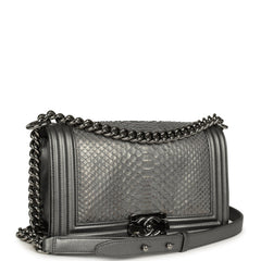 Pre-owned Chanel Medium Boy Bag Silver Python Ruthenium Hardware