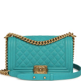 Pre-owned Chanel Medium Boy Bag Turquoise Caviar Antique Gold Hardware - Thumbnail View 1