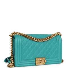 Pre-owned Chanel Medium Boy Bag Turquoise Caviar Antique Gold Hardware