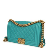 Pre-owned Chanel Medium Boy Bag Turquoise Caviar Antique Gold Hardware - Thumbnail View 5
