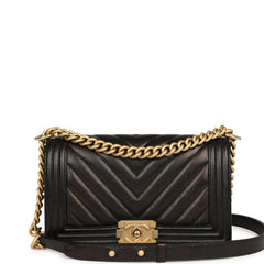 Pre-owned Chanel Medium Chevron Boy Bag Black Caviar Antique Gold Hardware