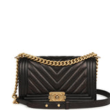 Pre-owned Chanel Medium Chevron Boy Bag Black Caviar Antique Gold Hardware - Thumbnail View 1