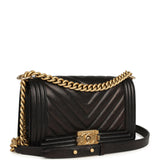 Pre-owned Chanel Medium Chevron Boy Bag Black Caviar Antique Gold Hardware - Thumbnail View 2