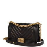 Pre-owned Chanel Medium Chevron Boy Bag Black Caviar Antique Gold Hardware - Thumbnail View 5